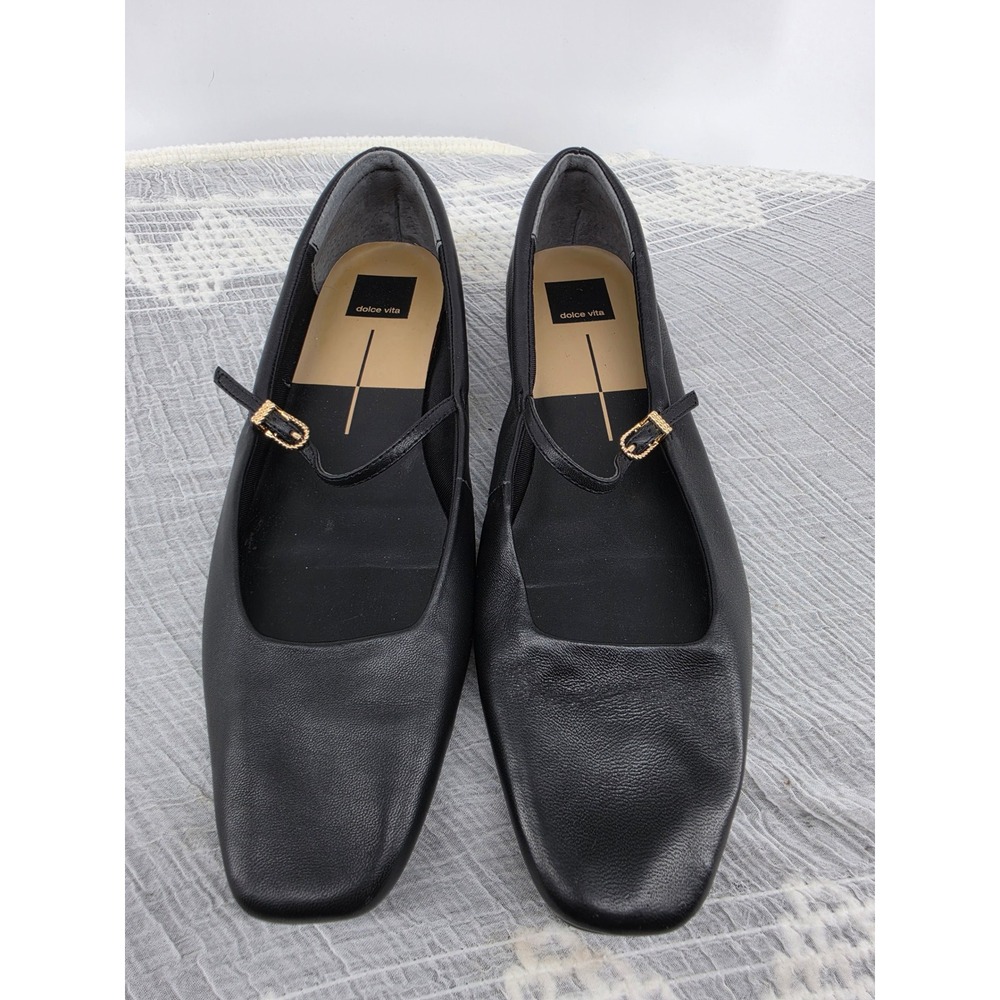Dolce Vita ANICIA Black Leather Mary Jane Square Toe Flat Shoes Gold Buckle